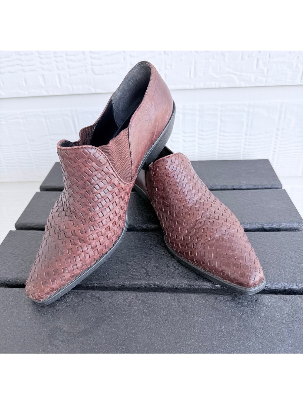 Colin Stuart Woven Leather Booties Womens 9 Brown Basket Weave Pointed Toe